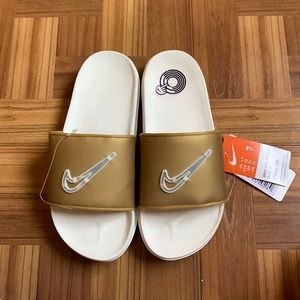 Gold & White Nike Slides